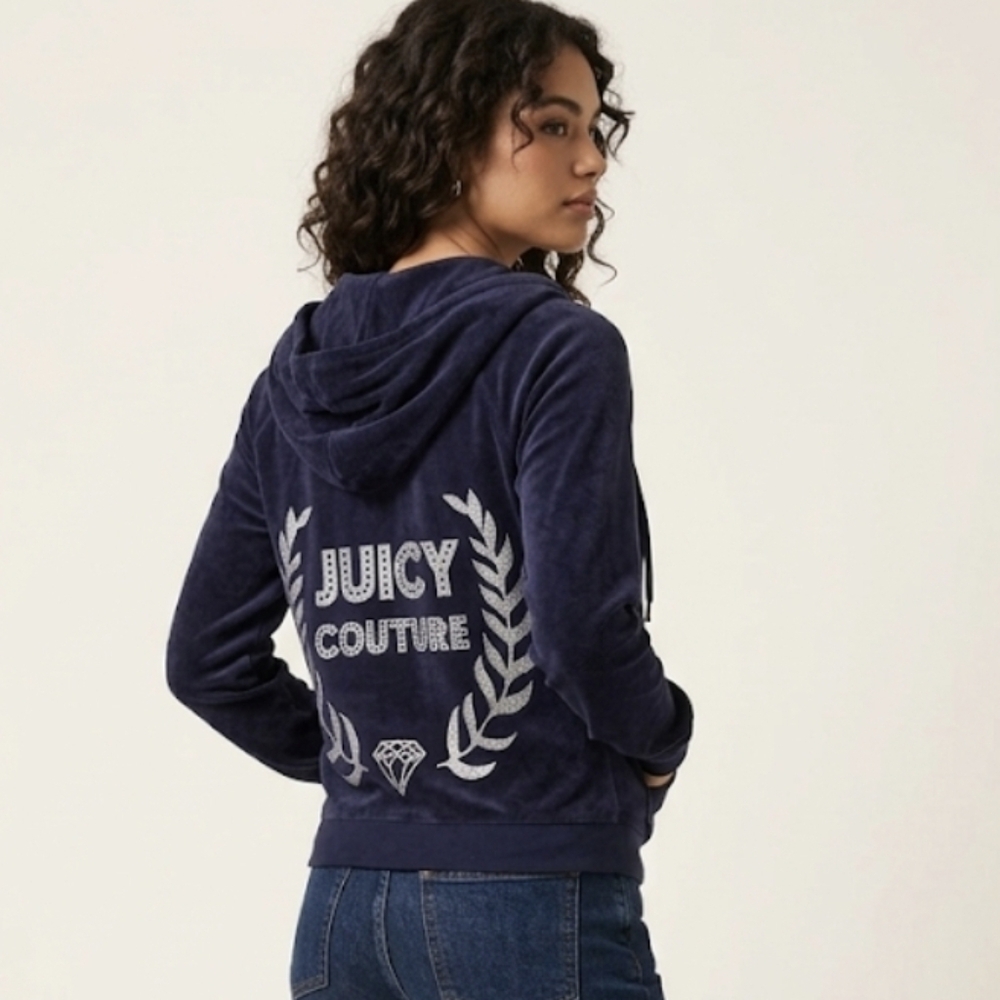 Juicy Couture Navy Blue Velour Zip-Up Hoodie